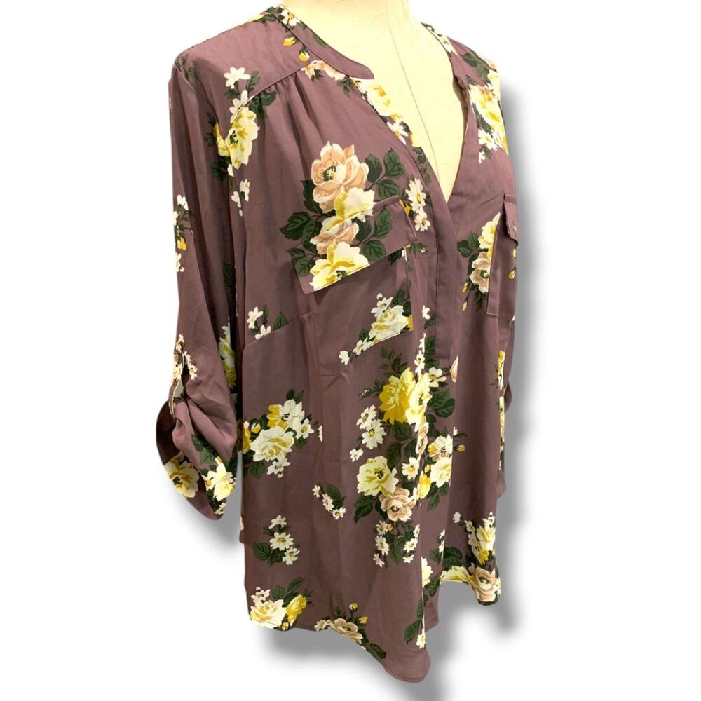 2X Torrid Harper New Womens Slightly Sheer Blouse Floral Roll‎ Tab Sleeve